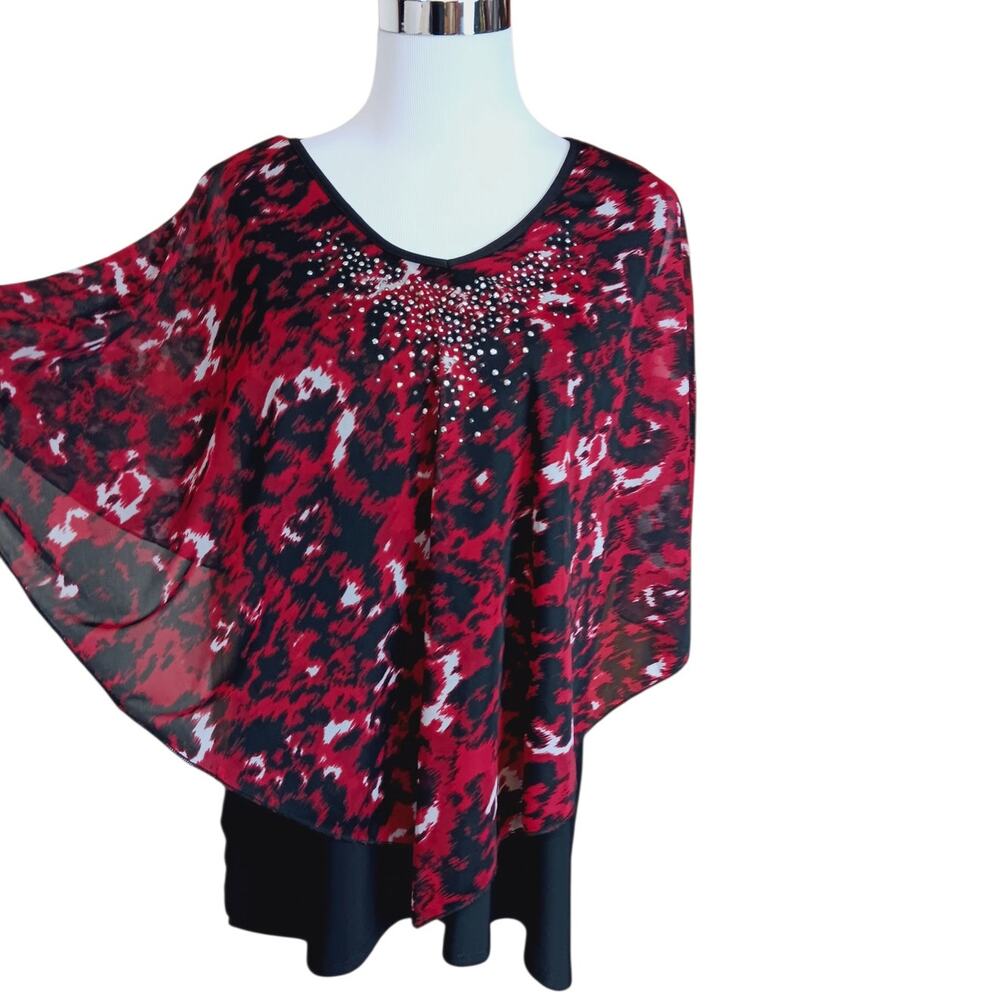 SUSAN LAWRENCE Blouse Top Size XL Elegant Kimono Sleeves‎ Silver Bling Red Black